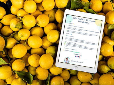Coho Health Newsletter iPad mockup on a bed of lemons
