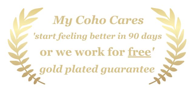Coho Cares guarantee with gold leaves and text